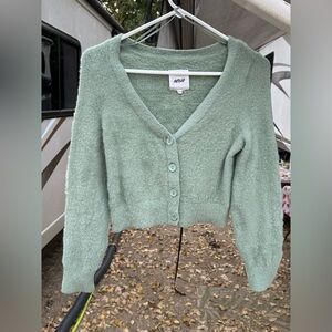 Y2K CROP TOP CARDIGAN Size XS Green Anime V Neck Sweater Fuzzy Cozy Soft Fairy